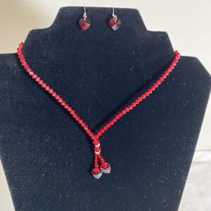 Red crystal y necklace and earrings set Valentine vintage inspired double heart